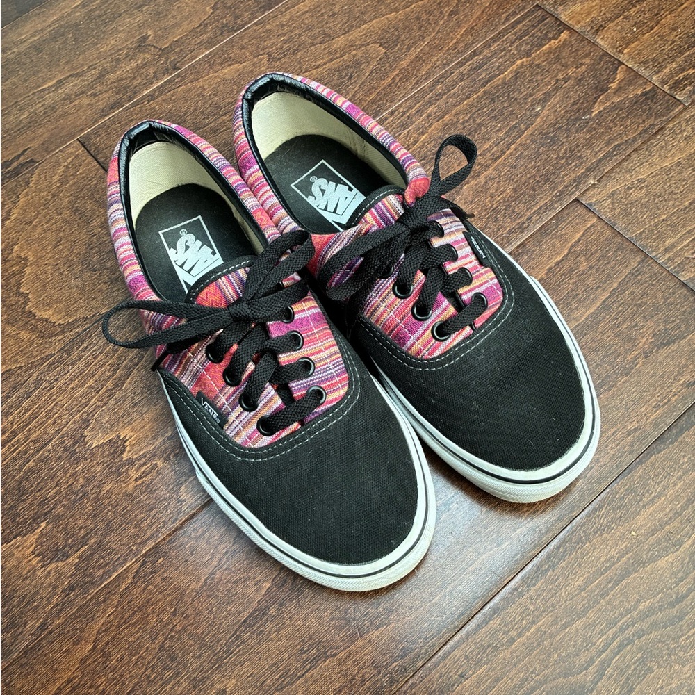 Vans Black Canvas Sneakers with Pink Striped Accents